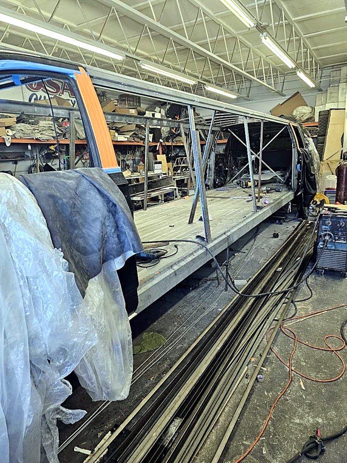 Extended frame rails during the 2024 Escalade limousine build
